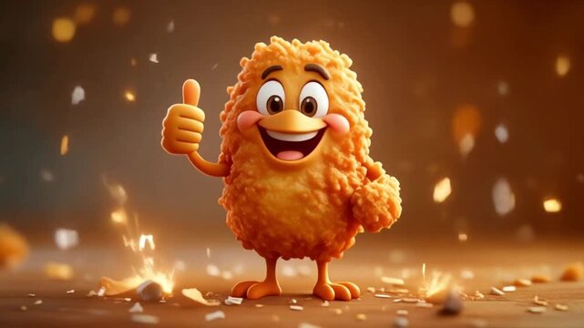A cartoon chicken nugget character with a friendly wave stands on a warm surface surrounded by golden sparks and debris