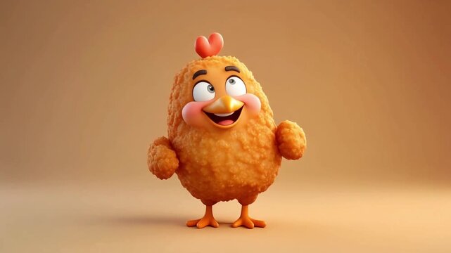 A cartoon chicken nugget stands happily with a small arm gesture against a vibrant orange gradient background in a 3D animation.