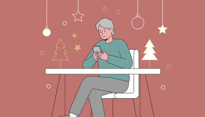 Elderly man texting on a smartphone at a festive table Digital connection during the holidays