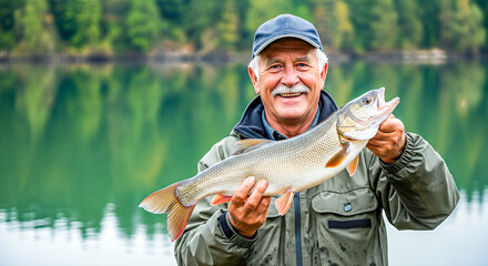Senior man proudly holds a freshly caught fish while standing by a serene lake, surrounded by lush greenery, showcasing the joy of fishing and outdoor recreation