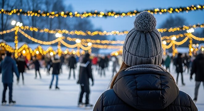Young woman in a knitted hat watches skaters glide on an ice rink adorned with festive lights, capturing the joyful atmosphere of winter recreation and holiday spirit