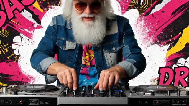 Stylish senior caucasian male with a white beard playing music as a dj on turntables. Cool grandpa character mixing records at a party with vibrant pop art graphics