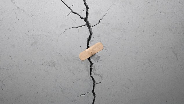 Beige band-aid patching cracked grey concrete wall, temporary fix