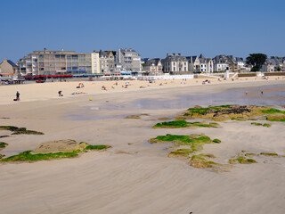 Beach at low tide of Quiberon is a commune in the French department of Morbihan, administrative region of Brittany, western France.