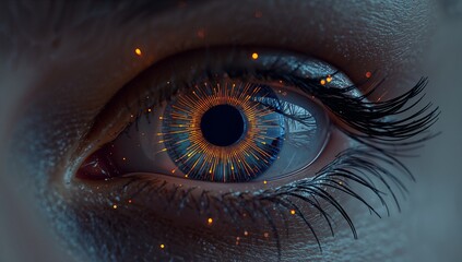 Close-up of futuristic human eye with glowing digital tech interface