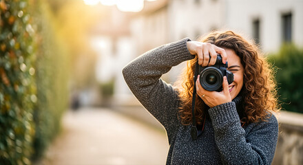 Young woman with curly hair is capturing photographs outdoors using a DSLR camera, surrounded by greenery and soft sunlight, showcasing her passion for photography and creativity