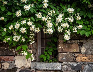 Jasmine bush blooming over weathered stone and wood window of an old cottage facade
