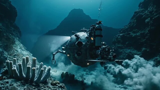 Submersible moving through deep ocean canyon, exploring rocky seabed with coral formations and distant mountain, depicting oceanography research, underwater adventure, scientific discovery,