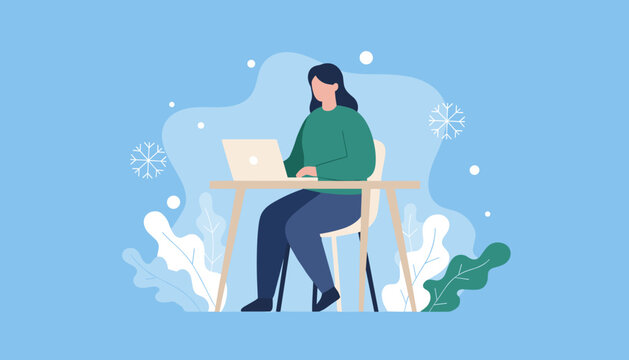 Woman teleworking on laptop in winter scene Flat vector illustration of remote work or freelance concept