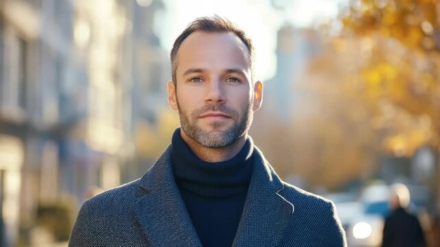 City man with short hair and beard, wearing a stylish coat.