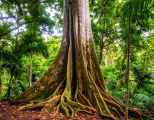 Gigantic tree, thick roots, lush leaves; a jungle giant embracing its surroundings with a powerful, ancient presence