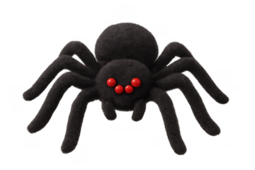Black fuzzy spider plush toy with red eyes, halloween decoration, spooky arachnid character for kids parties