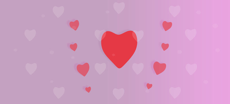 View of a red heart in the center and other smaller hearts around iton a gradient pink background.