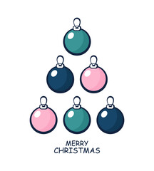 Vector Christmas tree made of colorful baubles with Merry Christmas text, cute flat cartoon holiday illustration isolated on white.