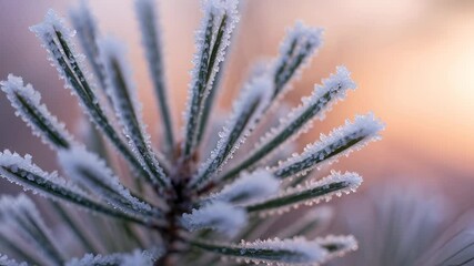 Macro detail of frozen pine needles covered in delicate hoarfrost crystals. Beautiful soft focus background with warm sunrise bokeh for a serene atmosphere. Wide panoramic banner format
