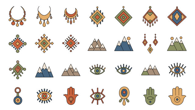 A set of vector icons with symbols of Amazigh tribes in an ethnic geometric style