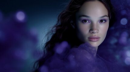 Fototapeta premium Ultra-high-resolution beauty portrait of a mystical woman with an ethereal, otherworldly presence, rendered in a refined AI-generated photorealistic style. The woman is shown in a