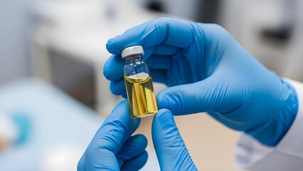 A person in blue gloves holding a small glass vial with yellow liquid in a laboratory setting.