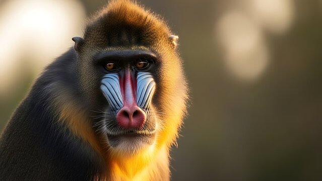 Striking Mandrill Portrait: A captivating close-up of a mandrill, its vibrant face and distinctive features. Focus on the majestic mandrill's fur and stunning face.