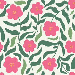 Seamless Pink Floral Pattern with Leaves in Flat Hand Drawn Style