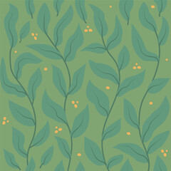 Seamless Botanical Leaf Pattern in Flat Hand Drawn Style on Green Background
