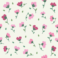 Seamless Cute Floral Pattern with Pink Flowers in Flat Hand Drawn Style