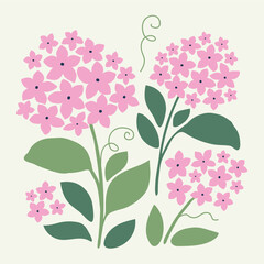 Cute Pink Floral Illustration Set with Leaves in Flat Hand Drawn Style