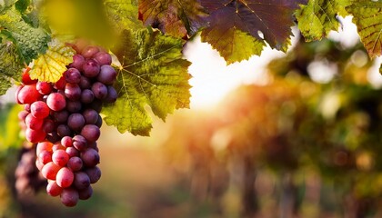 red grapes and leaves in vineyard on the vine on sunny day with bokeh background