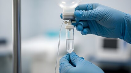 A close-up of gloved hands adjusting an intravenous drip in a medical setting.