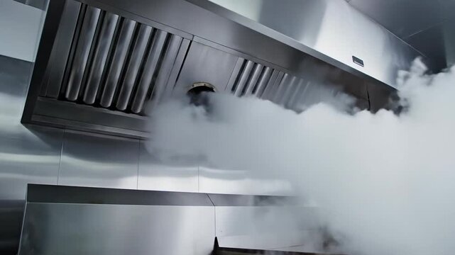 Commercial Kitchen Ventilation Showing Intense Steam From Griddle Cooking Surface