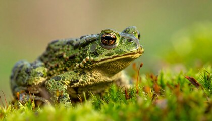 Obraz premium Green textured toad rests on soft moss, detailed eyes gleaming, against a soft, out-of-focus green backdrop