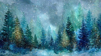 Watercolor depiction of a snowy forest scene with tall evergreen trees under a starry night sky. The colors are blue, green, and gold