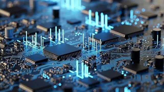 Close-up of a computer circuit board with glowing blue lights representing data flow and advanced technology.