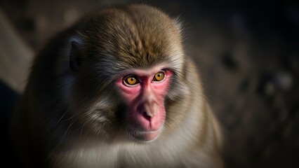 Fototapeta premium Monkey's Pensive Gaze: A close-up portrait of a Japanese macaque, its face bearing a thoughtful expression, with a serene setting. 