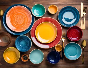 top view of assorted colorful dishes plates bowls and cutlery on a wooden table modern vibrant