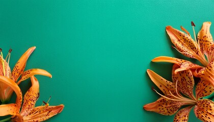 orange tiger lilies on seafoam green background top view in flat lay style copyspace for travel or summer sale banner