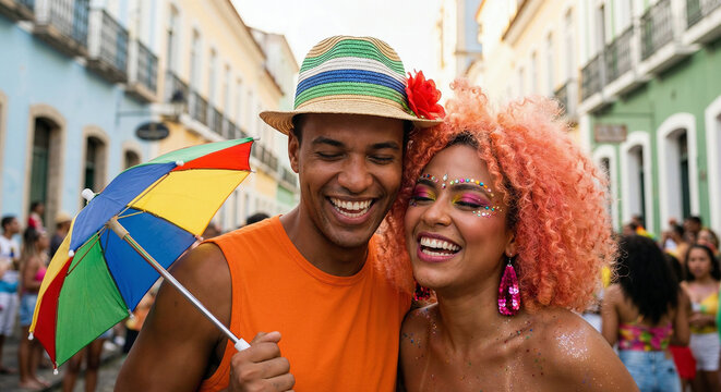 Jovem casal afro sorrindo curtindo o carnaval no brasil. frevo