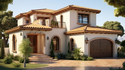 Luxurious Mediterranean Two-Story Villa with Red Tile Roof and Arched Entrances