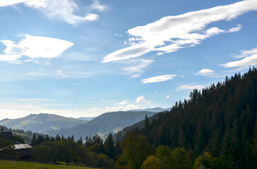 Serene mountain landscape shows a forested hillside on the right, distant rolling hills, and a bright blue sky with wispy clouds. Carpathian Mountains, Ukraine