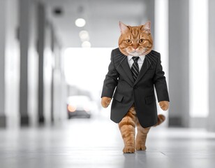 Ginger cat in a sharp suit, walking down a bright corridor. Feline corporate attire is absurdly professional