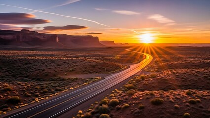 Desert Highway Sunset Journey to Monument Valley Arizona.