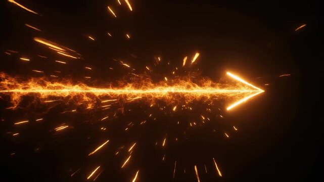 A glowing arrow of fire and energy moves forward with dynamic speed and sparks. Abstract concept for progress, direction, business growth, and technological innovation