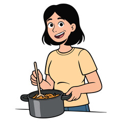 Illustration of woman stirring food in a pot while cooking