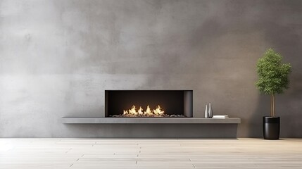 Modern Minimalist Living Room with Linear Fireplace on Concrete Wall