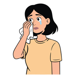 Illustration of woman crying and wiping tears with a white cloth