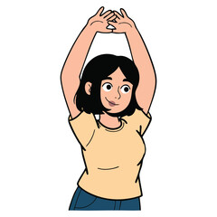 Illustration of young woman stretching arms overhead with hands clasped, smiling