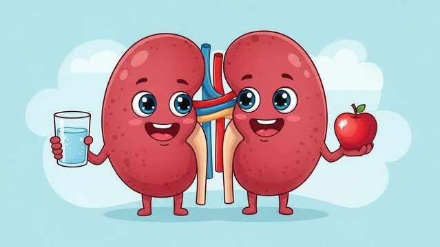 Cute cartoon kidneys holding glass of water and apple, healthy lifestyle education.