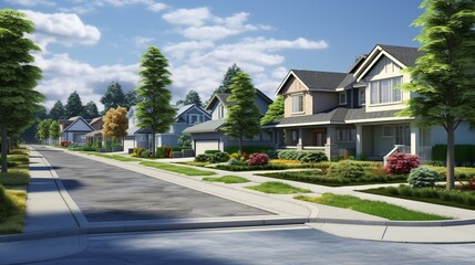 Naklejka premium Peaceful Suburban Street with Modern Homes, Green Lawns, and Bright Sky