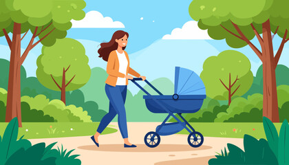 Happy Mother Pushing Baby Stroller in Park. Outdoor Walk, Parenthood, Childcare, Family Lifestyle Illustration
