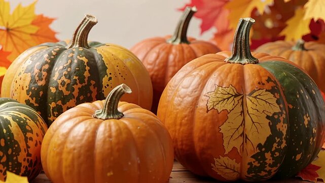 Autumn pumpkins arranged with colorful leaves harvest scene.